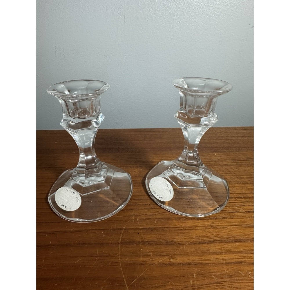 Vintage Pair Clear Crystal Glass Candlestick Holders 4" Tall